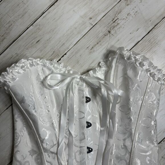 Pin Up White Jacquard Floral Lace Up Boned Frilly Corset Bustier Top S - Picture 14 of 16
